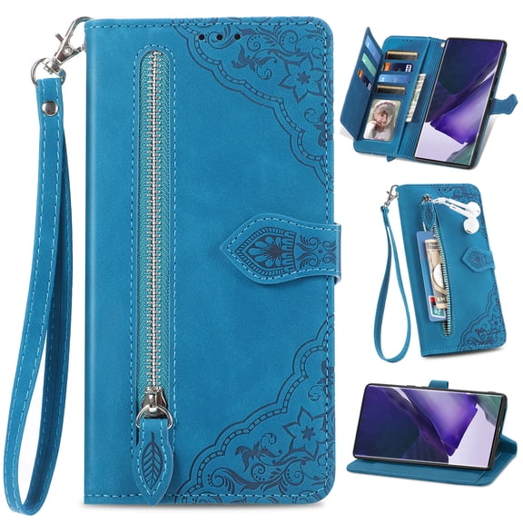 for Samsung Galaxy A03 Core Case for Women,Cute Wallet Case with Zipper Pocket Purse Flower Embossed PU Leather Card Slots Wrist Strap Flip Folio Protective Phone Cover for Galaxy A03 Core, Blue