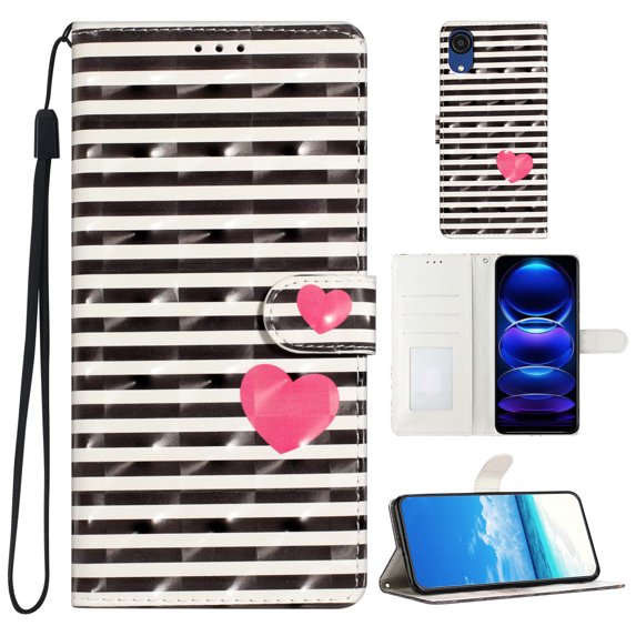 for Samsung Galaxy A03 Core PU Leather Flip Case, Stylish Wrist Strap Kickstand Magnetic Card Slots Pattern Shockproof Protective Durable Portable Ultra Slim Case for Men Women - Striped Heart