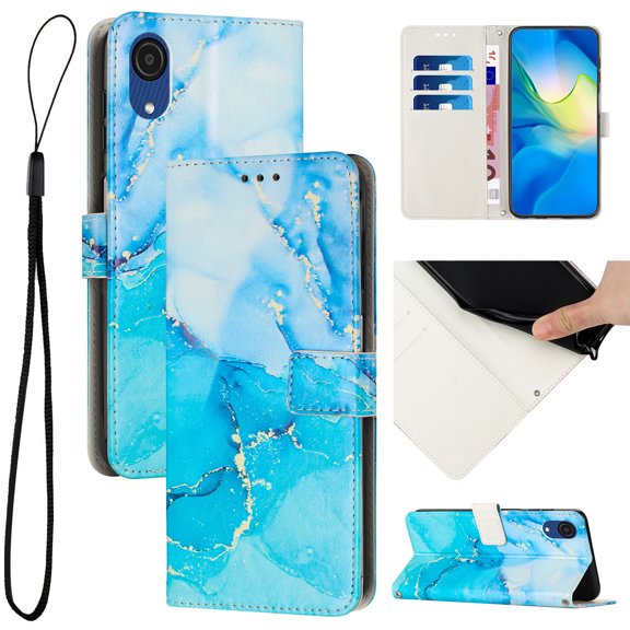 for Samsung Galaxy A03 Core Wallet Case with Card Holder,Women Men RFID Blocking PU Leather Flip Cover Wrist Strap Magnetic Closure Credit Card Slots Marble Patterned Book Style Phone Case,Blue