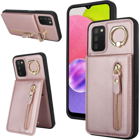 Samsung Galaxy A03S Case with Card Holder for Women, Samsung Galaxy A03S Phone Case Wallet with Credit Card with Ring Kickstand Zipper Slim Stand Case - Rose Gold