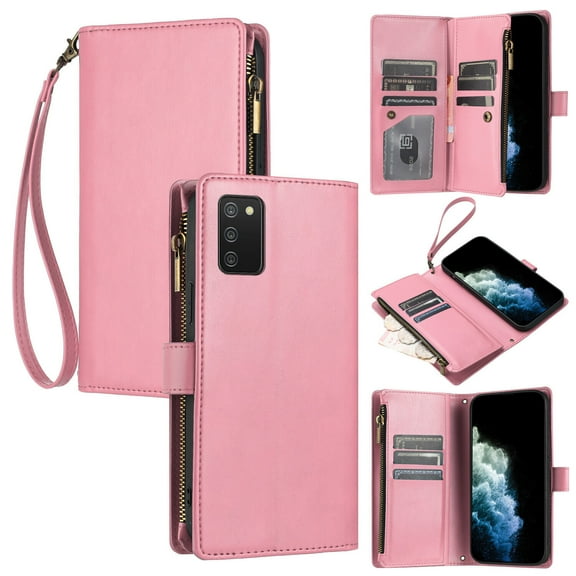 Samsung Galaxy A03S Case , Card Slots PU Leather Folio Flip Wallet Zipper Compatible with Samsung Galaxy A03S Cover - Pink