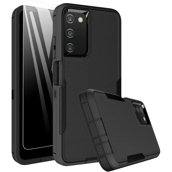 for Samsung Galaxy A03S Case, with Tempered Glass Screen Protector, Dust Proof Port Cover, Full Body Protection Rubber Cover Phone Case for Samsung Galaxy A03S/A02S, Black/Black