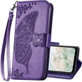 thumbnail image 1 of Samsung Galaxy A03S Cellular Phone Case, Butterfly Embossed PU Leather Flip Folio Cover, Card Holder, Stand with Wrist Strap (Purple), 1 of 14