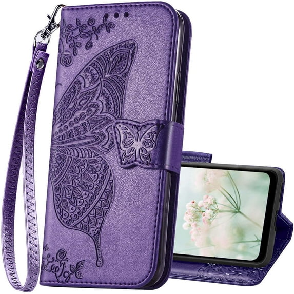 Samsung Galaxy A03S Cellular Phone Case, Butterfly Embossed PU Leather Flip Folio Cover, Card Holder, Stand with Wrist Strap (Purple)