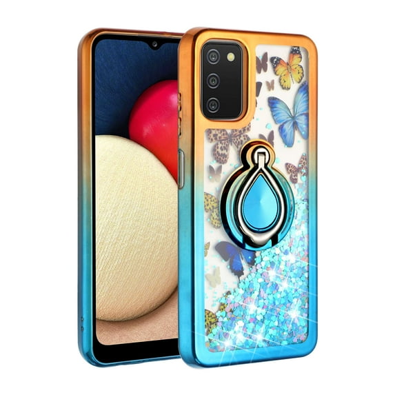 Samsung Galaxy A03S Phone Case, Slim Protective Ring Kickstand Glitter Dual Colors Multi-Function for Samsung Galaxy A03S Phone Case Orange/Blue