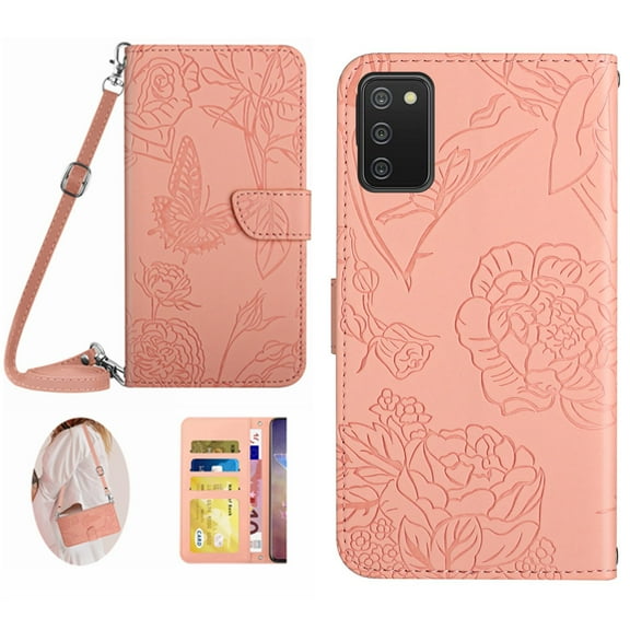 for Samsung Galaxy A03S Phone Case Wallet,Crossbody Strap Women Flip Folio Cover with Card Holders Butterfly Embossed Premium PU Leather Kickstand Wrist Strap Magnetic Closure Case,Pink