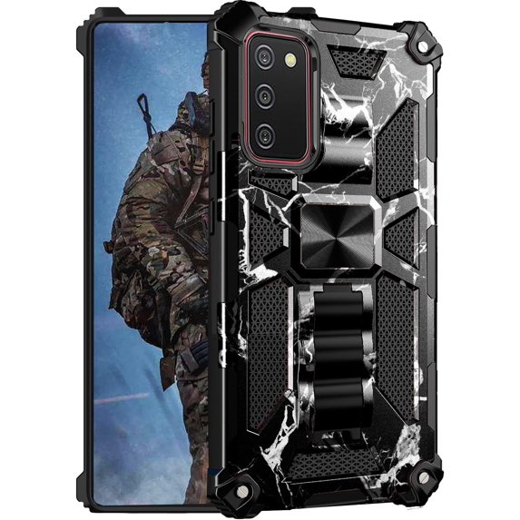 for Samsung Galaxy A03s Camouflage Design Case, Heavy Duty Shockproof Protection Military Grade Built-in Magnetic Kickstand Cover for Samsung Galaxy A03s MC Marble Black