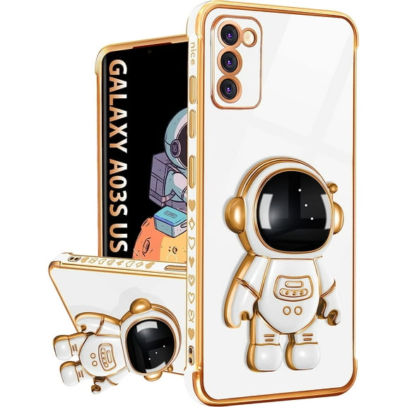 For Samsung Galaxy A03s Case with Astronaut Stand, Women Girls Galaxy A03s Phone Cases, Girly Cute 6D Outer Space Heart Pattern Phone Cover for Samsung A03s 6.5 Inch White