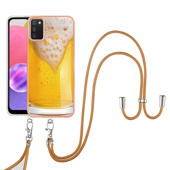 for Samsung Galaxy A03s Crossbody Strap Phone Case, Anti-Fall Pattern Clear Design Transparent Soft & Flexible TPU Drop and Shockproof Protective Cover with Adjustable Nylon Neck Strap, Draft Beer