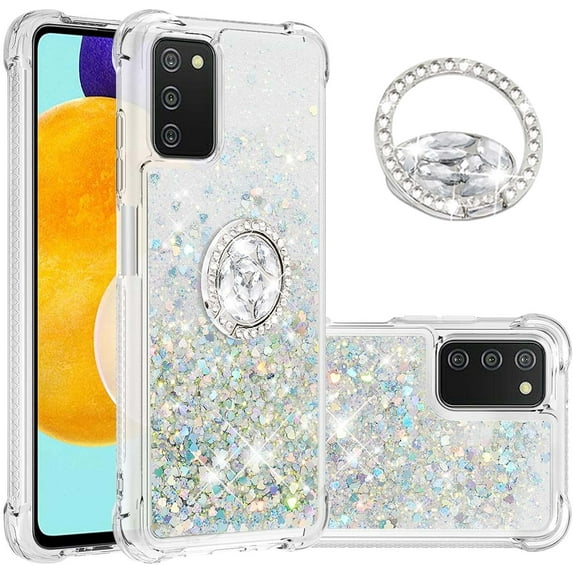 for Samsung Galaxy A03s Glitter Case with Ring Holder,Bling Sparkle Floating Liquid Soft TPU Cushion Fashion Girly Women Girls Cute Case Cover for Samsung Galaxy A03s Silver