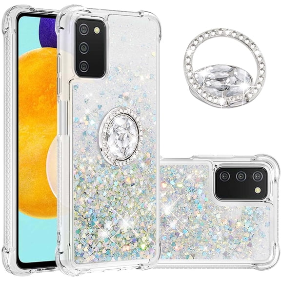 for Samsung Galaxy A03s Glitter Case with Ring Holder,Bling Sparkle Floating Liquid Soft TPU Cushion Fashion Girly Women Girls Cute Case Cover for Samsung Galaxy A03s Silver