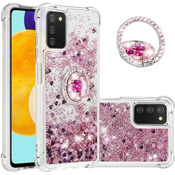 for Samsung Galaxy A03s Glitter Case with Ring Holder,Bling Sparkle Floating Liquid Soft TPU Cushion Fashion Girly Women Girls Cute Case Cover for Samsung Galaxy A03s Rose Gold