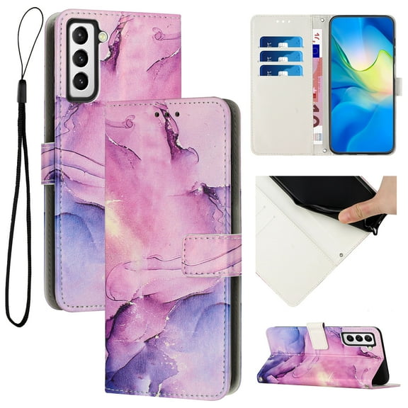 for Samsung Galaxy A03s Wallet Case with Card Holder,Women Men RFID Blocking PU Leather Flip Cover Wrist Strap Magnetic Closure Credit Card Slots Marble Patterned Book Style Phone Case,Purple