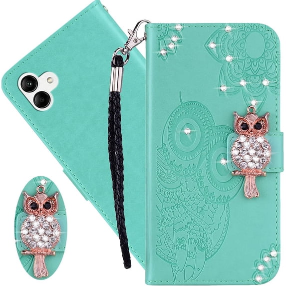 for Samsung Galaxy A04 Case with Credit Card Holder, Glitter Bling Diamond PU Leather Wallet Phone Case Flip Folio Book Cover for Samsung Galaxy A04 Owl Green