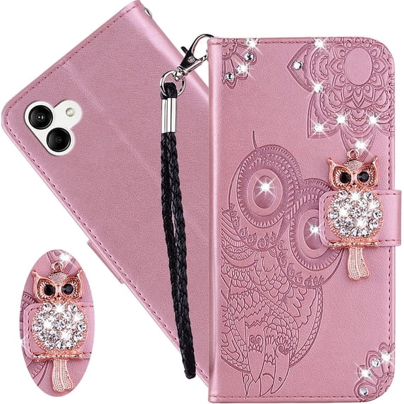 for Samsung Galaxy A04 Case with Credit Card Holder, Glitter Bling Diamond PU Leather Wallet Phone Case Flip Folio Book Cover for Samsung Galaxy A04 Owl Rose Gold