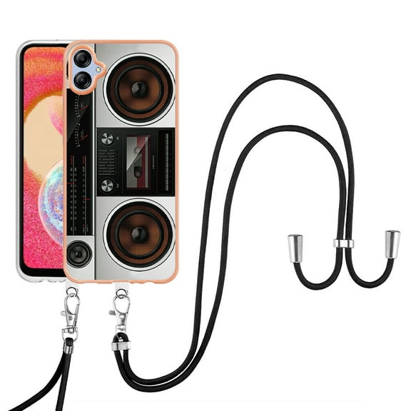 for Samsung Galaxy A04e Crossbody Strap Phone Case, Anti-Fall Pattern Clear Design Transparent Soft & Flexible TPU Drop and Shockproof Protective Cover with Adjustable Nylon Neck Strap, Retro Radio