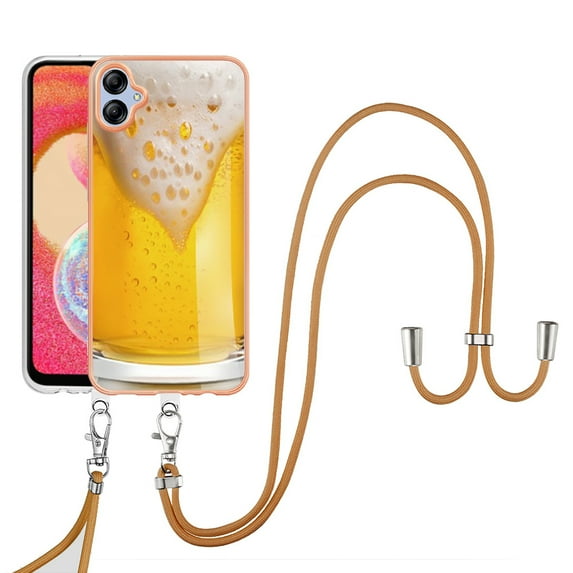 for Samsung Galaxy A04e Crossbody Strap Phone Case, Anti-Fall Pattern Clear Design Transparent Soft & Flexible TPU Drop and Shockproof Protective Cover with Adjustable Nylon Neck Strap, Draft Beer