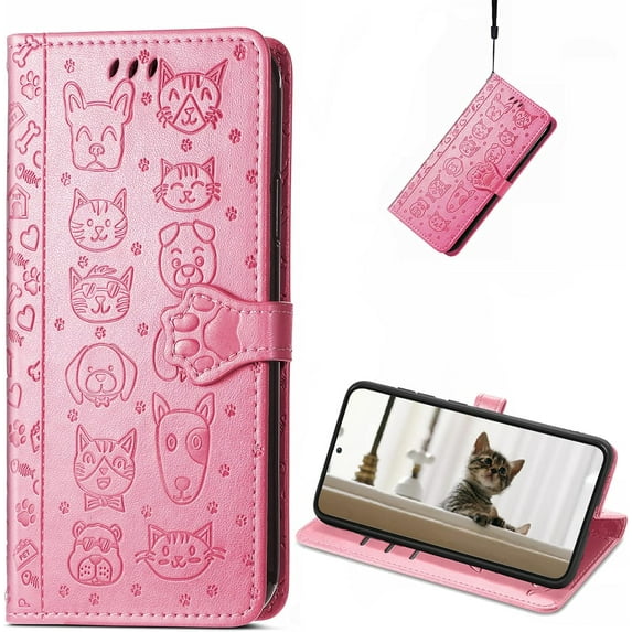 for Samsung Galaxy A04e Wallet Case, Cute Cat Dog Cartoon Style with Card Slots Holder PU Leather Flip Phone Cover Case for Samsung Galaxy A04e /Galaxy F04 /Galaxy M04 MG Pink
