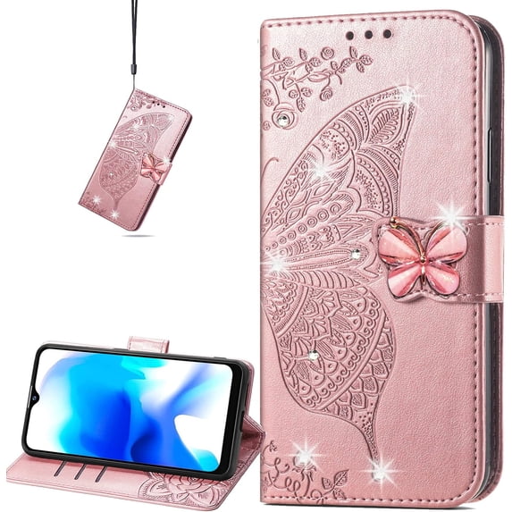 for Samsung Galaxy A04s/Galaxy A13 5G Wallet Case, 3D Butterfly Flower PU Leather with Credit Card Slots Holder Case for Samsung Galaxy A13 5G/Galaxy A04s Rhinestone Rose Gold