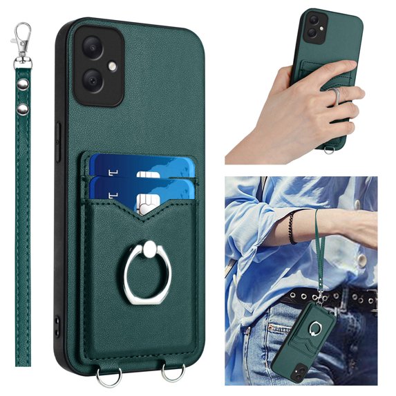 for Samsung Galaxy A05 Case, Card Holder Wallet Case, Ring Holder Stand, Wrist Hand Strap, PU Leather Anti-Scratch Shockproof Protective Flip Phone Cover for Samsung Galaxy A05 Case, Green