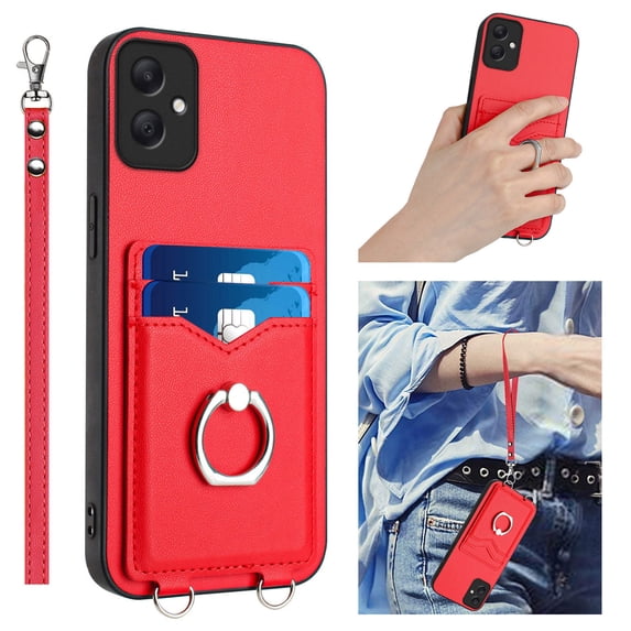 for Samsung Galaxy A05 Case, Card Holder Wallet Case, Ring Holder Stand, Wrist Hand Strap, PU Leather Anti-Scratch Shockproof Protective Flip Phone Cover for Samsung Galaxy A05 Case, Red