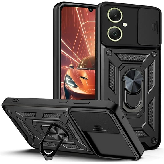 for Samsung Galaxy A05 Case with Slide Camera Cover for Men, Military Grade Drop Phone Cover Case with Rotate Ring Kickstand for Samsung Galaxy A05 SJ Black