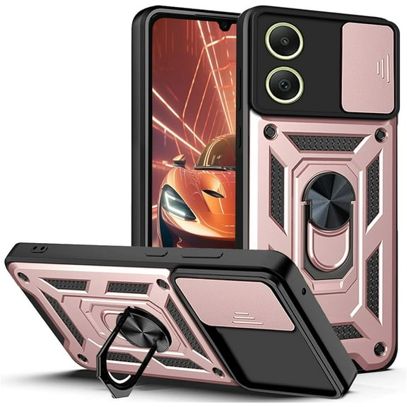 for Samsung Galaxy A05 Case with Slide Camera Cover for Men, Military Grade Drop Phone Cover Case with Rotate Ring Kickstand for Samsung Galaxy A05 SJ Rose Gold