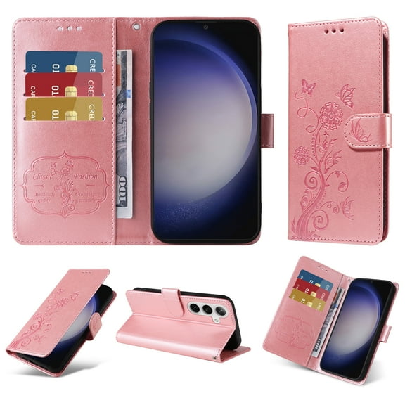 For Samsung Galaxy A05 Case Wallet, Stylish Flower Butterfly Embossed PU Leather Flip Cover Stand Shockproof Cards Slots Hand Wrist Phone Case for Samsung Galaxy A05, Pink
