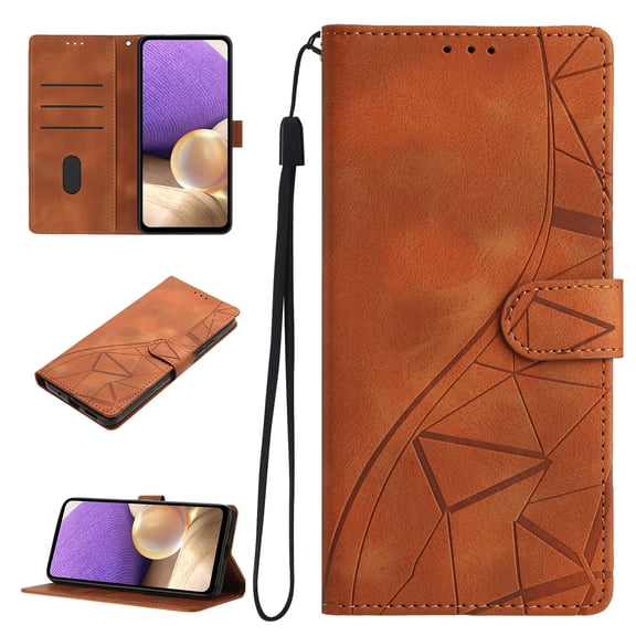 for Samsung Galaxy A05 Case Wallet, Women Flip Folio Cover with Embossed PU Leather Stand & Credit Card Holders Slots Wrist Strap Magnetic Protective Slim Phone Case for A05, Brown