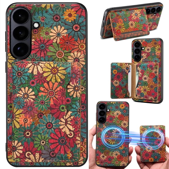 for Samsung Galaxy A05 Cork Wood Phone Case Flower Floral Printed Cover, Strong Magnetic Attachment for MagSafe Wallet Card Holder, Kickstand Support, Wireless Charging