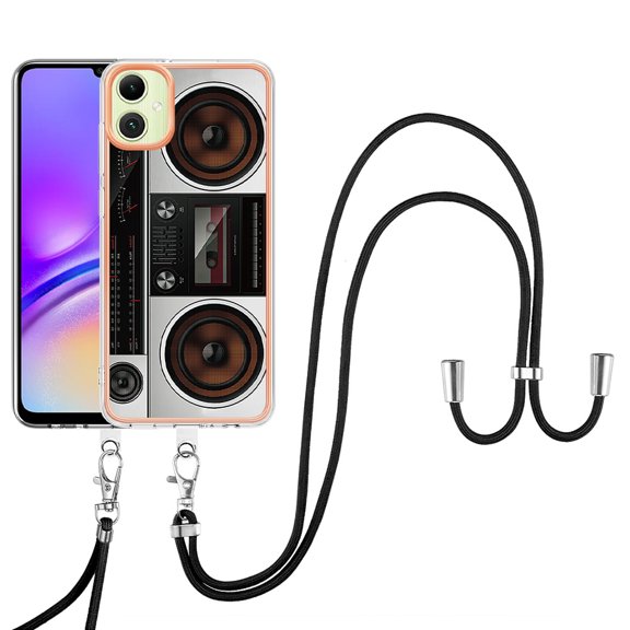 for Samsung Galaxy A05 Crossbody Strap Phone Case, Anti-Fall Pattern Clear Design Transparent Soft & Flexible TPU Drop and Shockproof Protective Cover with Adjustable Nylon Neck Strap, Retro Radio