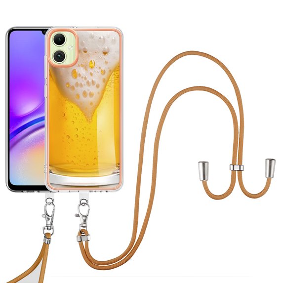 for Samsung Galaxy A05 Crossbody Strap Phone Case, Anti-Fall Pattern Clear Design Transparent Soft & Flexible TPU Drop and Shockproof Protective Cover with Adjustable Nylon Neck Strap, Draft Beer