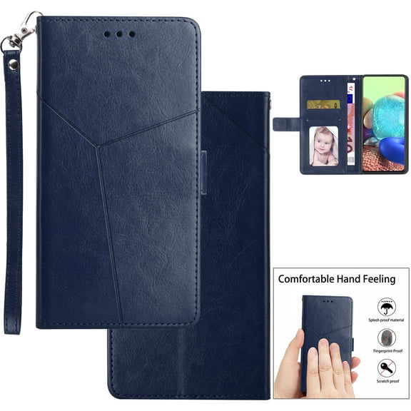 for Samsung Galaxy A05 Flip Kickstand Case, Premium PU Leather Wallet with Credit Card Holder[ RFID Blocking] 360 Full Shockproof Protection Magnetic Closure Phone Cover&Wrist Strap, Blue