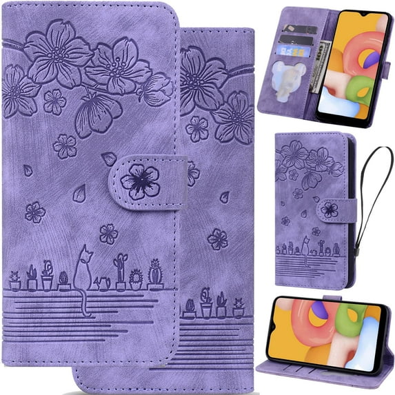 for Samsung Galaxy A05 Leather Phone Case, Oil Painting Style Cherry Blossoms Cartoon Cat Plants Floral Folio Flip Cover, Card Holder Cash Slot, Magnetic Flower Buckle