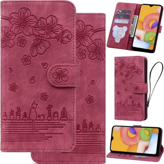 for Samsung Galaxy A05 Leather Phone Case, Oil Painting Style Cherry Blossoms Cartoon Cat Plants Floral Folio Flip Cover, Card Holder Cash Slot, Magnetic Flower Buckle