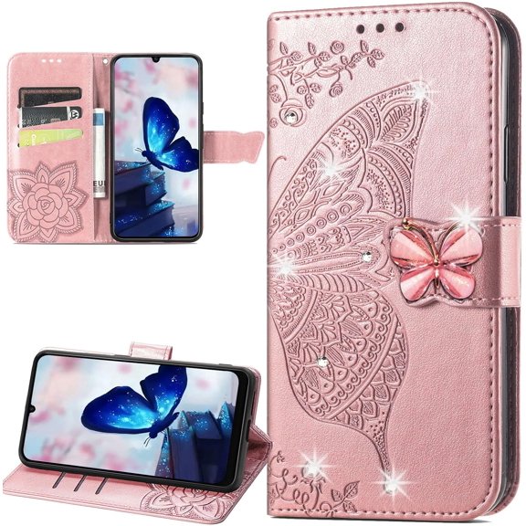 for Samsung Galaxy A05 Wallet Case for Women Girls, Embossed Floral Butterfly PU Leather Folio Flip Case Cover with Card Slot Holder for Samsung A05 Rhinestone Rose Gold