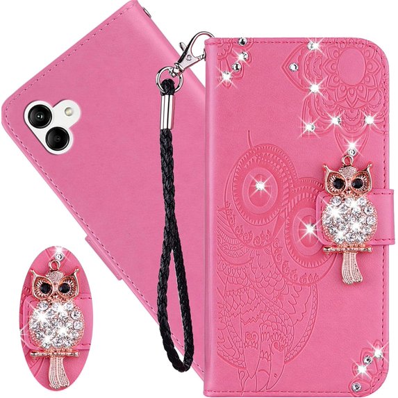for Samsung Galaxy A05 Wallet Case for Women, Glitter Bling Diamond PU Leather Folio Cover with Card Slot & Wrist Strap Phone Case for Samsung Galaxy A05 Owl Pink