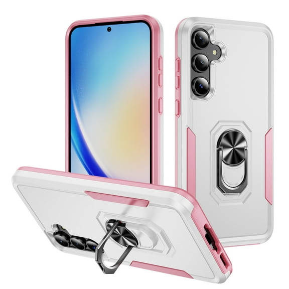 for Samsung Galaxy A05S Case, Slim Fit Military Grade Drop Tested Dual Layer Shockproof Case with 360 Ring Holder Kickstand Protective Rugged Car Magnetic Non-Slip Phone Case,White+Pink
