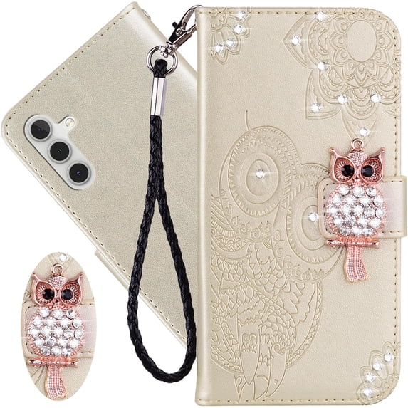 for Samsung Galaxy A05S Wallet Case for Women, Glitter Bling Diamond PU Leather Folio Cover with Card Slot & Wrist Strap Phone Case for Samsung Galaxy A05S Owl Gold