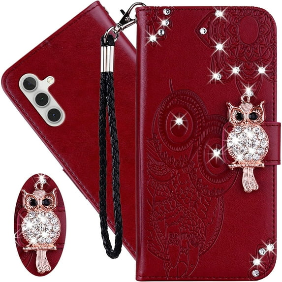 for Samsung Galaxy A05S Wallet Case for Women, Glitter Bling Diamond PU Leather Folio Cover with Card Slot & Wrist Strap Phone Case for Samsung Galaxy A05S Owl Red
