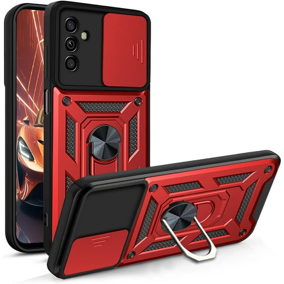 for Samsung Galaxy A05s 4G Case with Slide Camera Cover for Men, Military Grade Drop Phone Cover Case with Rotate Ring Kickstand for Samsung Galaxy A05s 4G SJ Red
