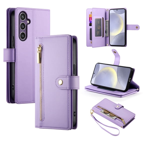 for Samsung Galaxy A05s Case with Card Holder, Retro Premium PU Leather Shoulder Wrist Strap Zipper Kickstand Flip Cover Women Girl Wallet Phone Case for Samsung Galaxy A05s, Purple