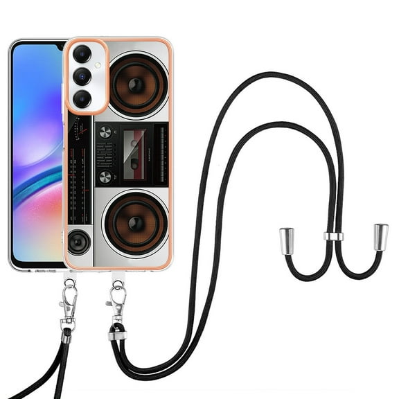 for Samsung Galaxy A05s Crossbody Strap Phone Case, Anti-Fall Pattern Clear Design Transparent Soft & Flexible TPU Drop and Shockproof Protective Cover with Adjustable Nylon Neck Strap, Retro Radio
