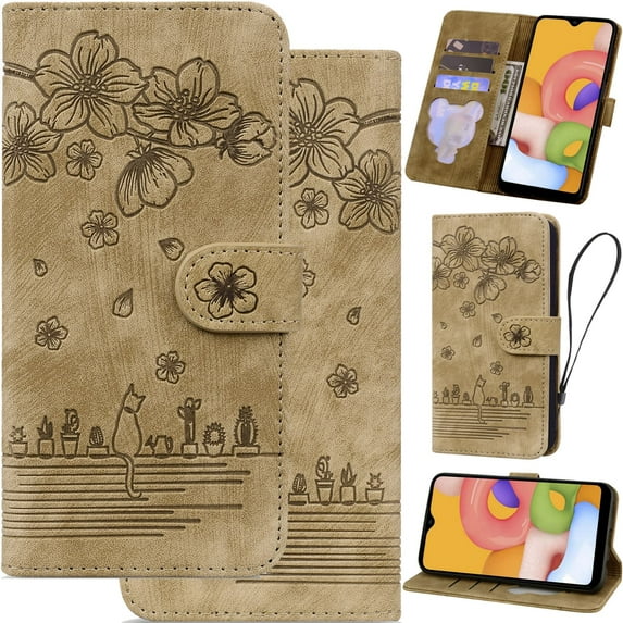 for Samsung Galaxy A05s Leather Phone Case, Oil Painting Style Cherry Blossoms Cartoon Cat Plants Floral Folio Flip Cover, Card Holder Cash Slot, Magnetic Flower Buckle