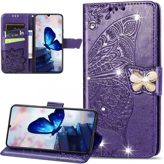 for Samsung Galaxy A05s Wallet Case for Women Girls, Embossed Floral Butterfly PU Leather Folio Flip Case Cover with Card Slot Holder for Samsung A05s Rhinestone Deep Purple