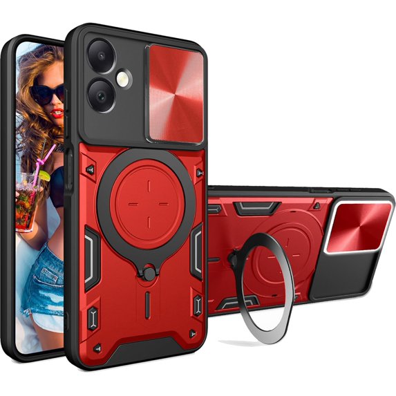 for Samsung Galaxy A06 4G 6.7" Case with Magnetic Ring Kickstand, Rugged Military Grade Shockproof Heavy Duty Case with Slide Camera Lens Cover for Samsung Galaxy A06 JS-Red
