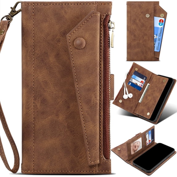 for Samsung Galaxy A06 (4G) Leather Phone Case Wallet with Zipper Pocket Flip Cover, 3-Layers RFID Blocking Multi Card Holder Slot, Magnetic Button, Hand Lanyard + Crossbody Shoulder Strap