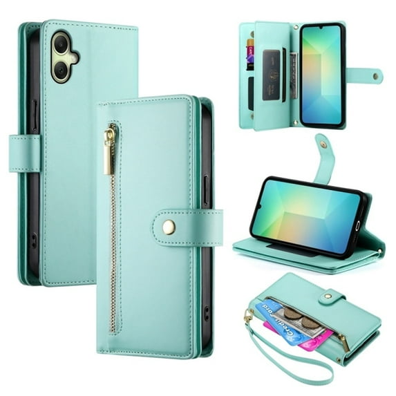 For Samsung Galaxy A06 / A07 4G 6.7-inch Wallet Case for Women Men Multi-Card Slots Zipper Pocket Lanyard Strap Wristlet Leather Phone Case,Green,For Galaxy A06 / A07 4G