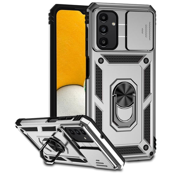 For Samsung Galaxy A06 Case Heavy Duty Military Grade Protection,Camera Lens Slide Protection & 360°Rotate Magnetic Car Mount Holder Kickstand Rugged Shockproof Drop Hard Shell,Silver