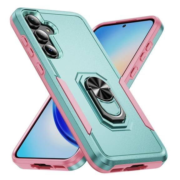 for Samsung Galaxy A06 Case, Slim Fit Military Grade Drop Tested Dual Layer Shockproof Case with 360 Ring Holder Kickstand Protective Rugged Car Magnetic Non-Slip Phone Case,Green+Pink